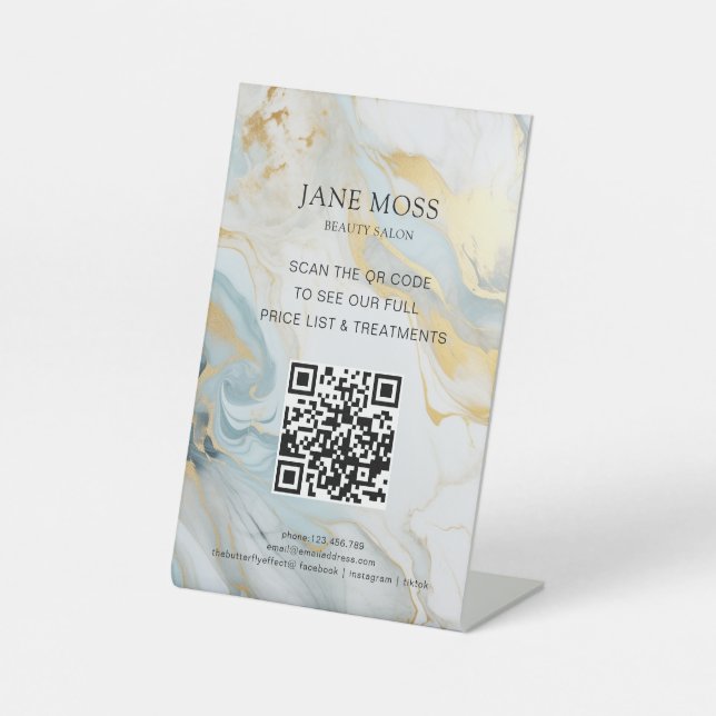 Elegant, Marble-Blue-Gold, Salon, QR-Code Pedestal Sign (Front)