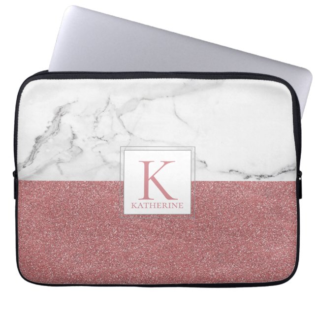 Elegant Marble Blush Pink Glitter Girly Monogram Laptop Sleeve (Front)
