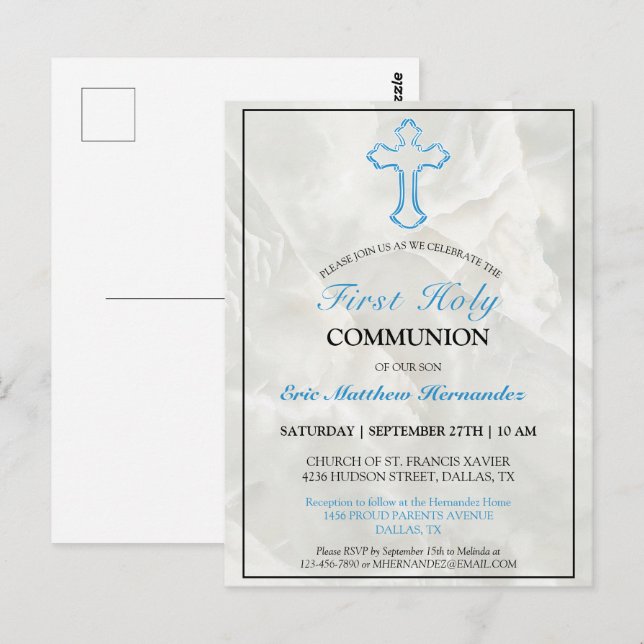 Elegant Marble Boys 1st Holy Communion Invitation Postcard (Front/Back)