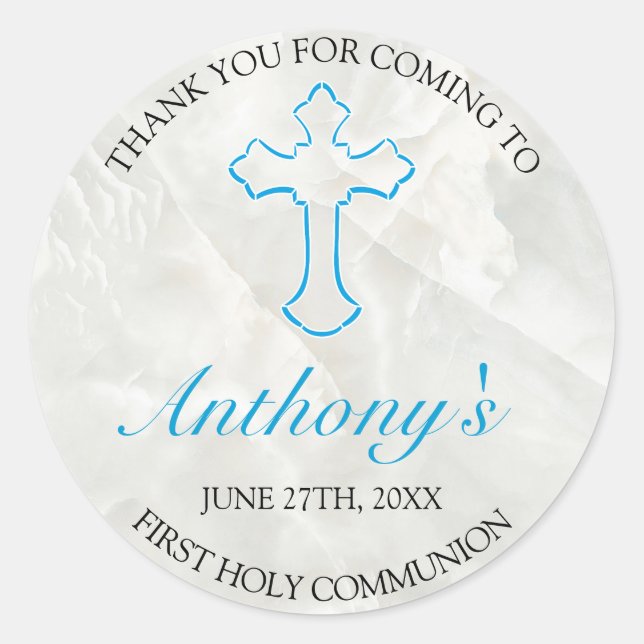 Elegant Marble Boys First Holy Communion Thankyou Classic Round Sticker (Front)