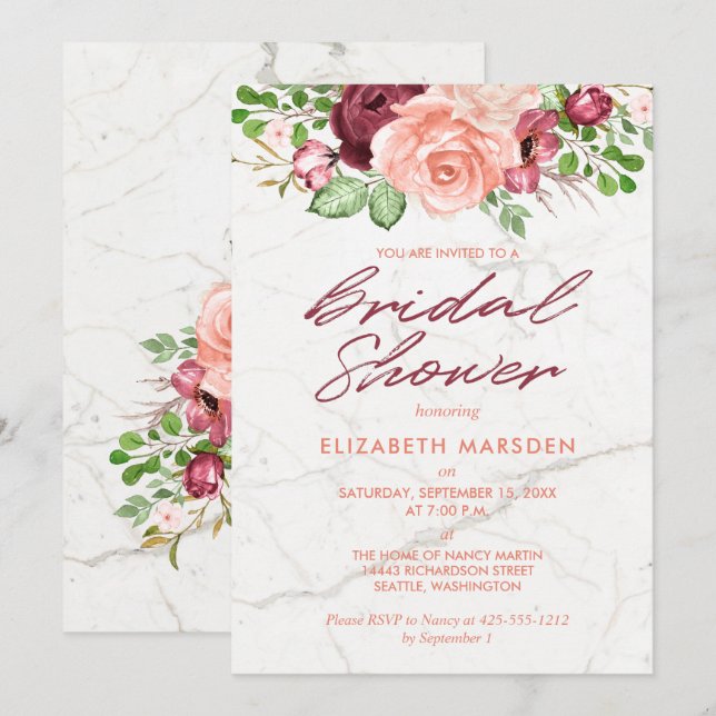 Elegant Marble Burgundy Mauve Peach Bridal Shower Invitation (Front/Back)