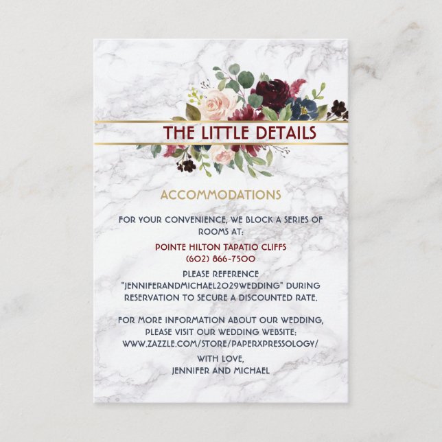 Elegant Marble Burgundy Navy Gold Floral Bouquet Enclosure Card (Front)
