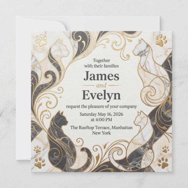 Elegant Marble Cat Wedding Invitation (Front)