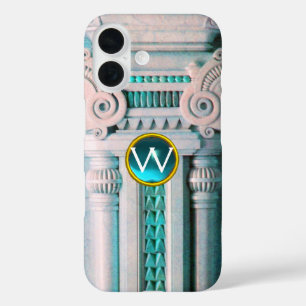 ELEGANT MARBLE COLUMN,PINK BLUE GEM STONE MONOGRAM iPhone 16 CASE
