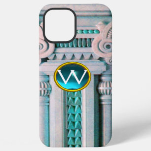 ELEGANT MARBLE COLUMN,PINK BLUE GEM STONE MONOGRAM iPhone 12 PRO MAX CASE