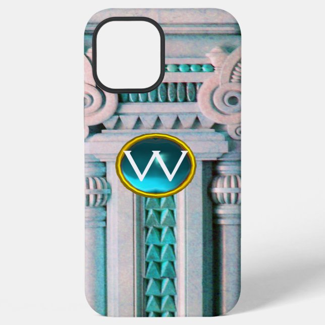 ELEGANT MARBLE COLUMN,PINK BLUE GEM STONE MONOGRAM iPhone CASE (Back)