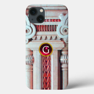 ELEGANT MARBLE COLUMN,PINK RED GEM STONE MONOGRAM iPhone 13 CASE