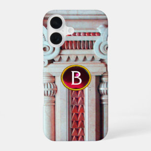 ELEGANT MARBLE COLUMN,PINK RED GEM STONE MONOGRAM iPhone 16 CASE