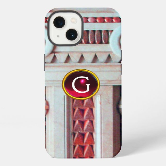 ELEGANT MARBLE COLUMN,PINK RED GEM STONE MONOGRAM iPhone CASE (Back)