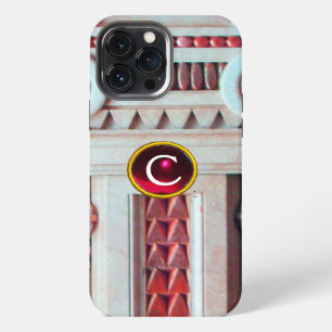 ELEGANT MARBLE COLUMN,PINK RED GEM STONE MONOGRAM iPhone 13 PRO MAX CASE