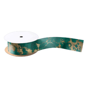 Elegant Marble Dark Teal Green Gold Christmas Satin Ribbon