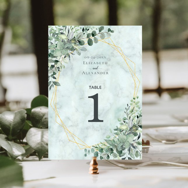 Elegant Marble Eucalyptus Geometric Wedding  Table Number (Creator Uploaded)