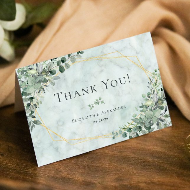 Elegant Marble Eucalyptus Geometric Wedding Thank You Card (Creator Uploaded)