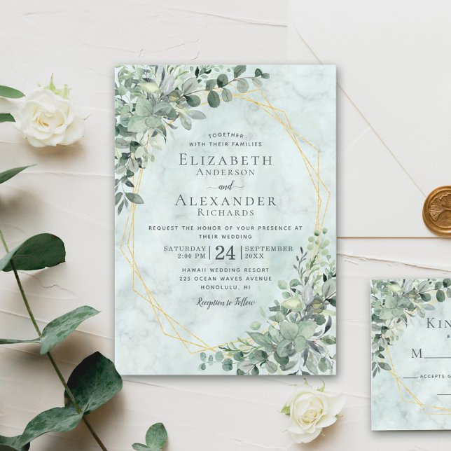 Elegant Marble Eucalyptus Greenery Gold Wedding Invitation (Creator Uploaded)
