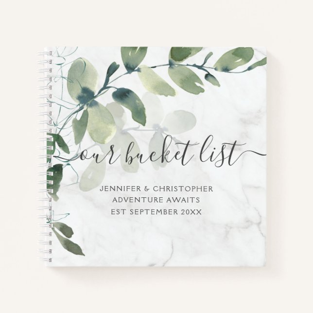 Elegant Marble Eucalyptus Our Bucket List Couples Notebook (Front)