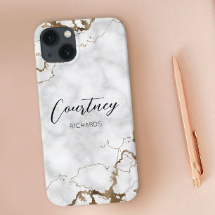 Elegant Marble Faux Gold Glitter Monogram Name iPhone 13 Case