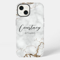 Elegant Marble Faux Gold Glitter Monogram Name
