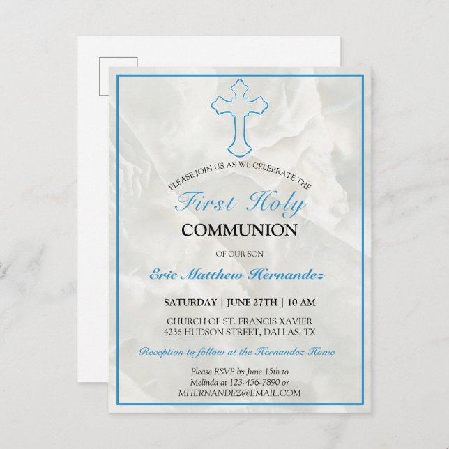 Elegant Marble First Holy Communion Invitation (Front/Back)
