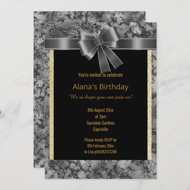 ELEGANT MARBLE GLITTER GOLD BLACK BOW INVITATION (Front/Back)
