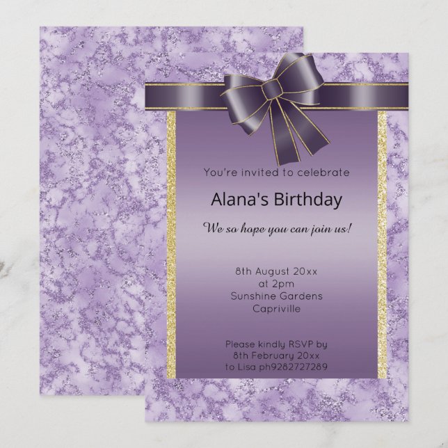 ELEGANT MARBLE GLITTER GOLD PURPLE BOW INVITATION (Front/Back)