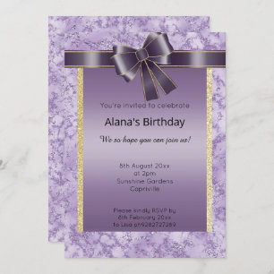 ELEGANT MARBLE GLITTER GOLD PURPLE BOW INVITATION