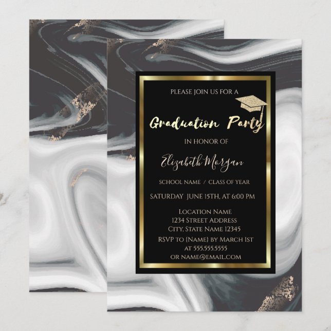 Elegant Marble  Glitter Graduation Cap Graduation Invitation (Front/Back)