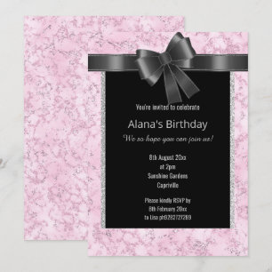 ELEGANT MARBLE GLITTER PINK SILVER BLACK BOW INVITATION
