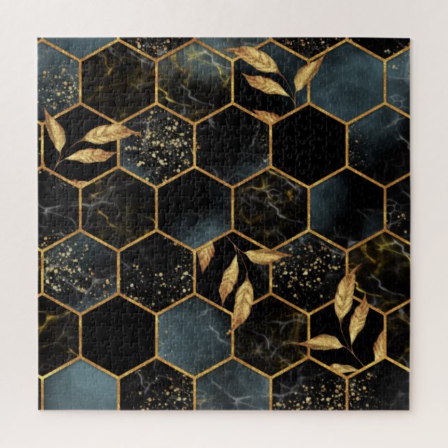 Elegant Marble & Gold: Abstract Hexagon Texture Jigsaw Puzzle (Vertical)