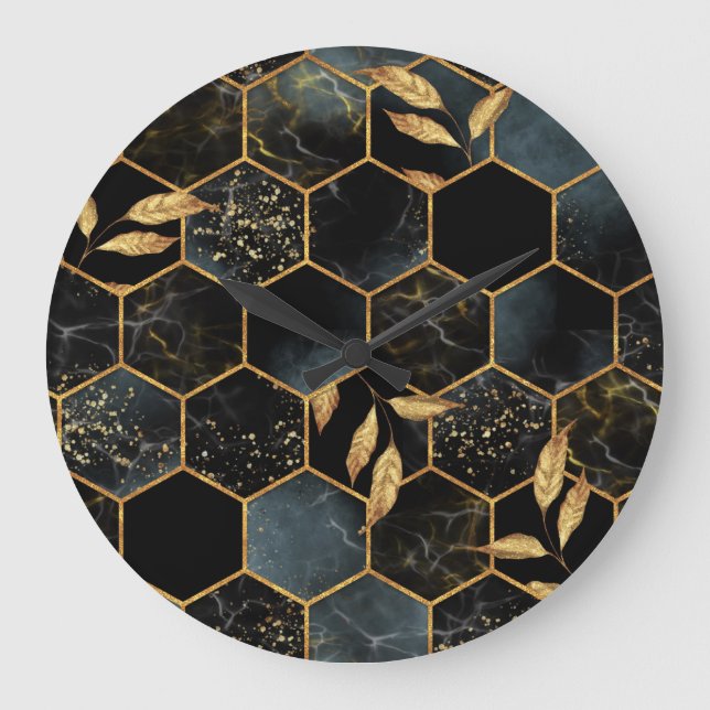Elegant Marble & Gold: Abstract Hexagon Texture Large Clock (Front)