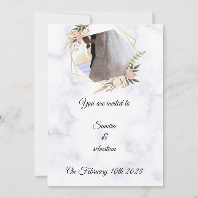 Elegant Marble Gold Floral Wedding Invitation  (Front)