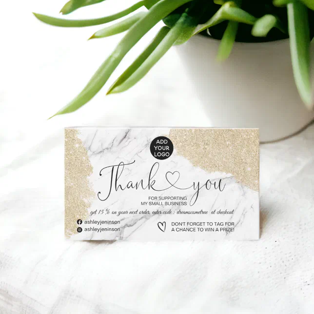 Elegant marble gold glitter logo order thank you business card | Zazzle