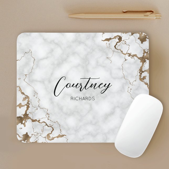 Elegant Marble Gold Glitter Monogram Name or Logo Mouse Mat (Personalized marble and gold glitter mouse pad)