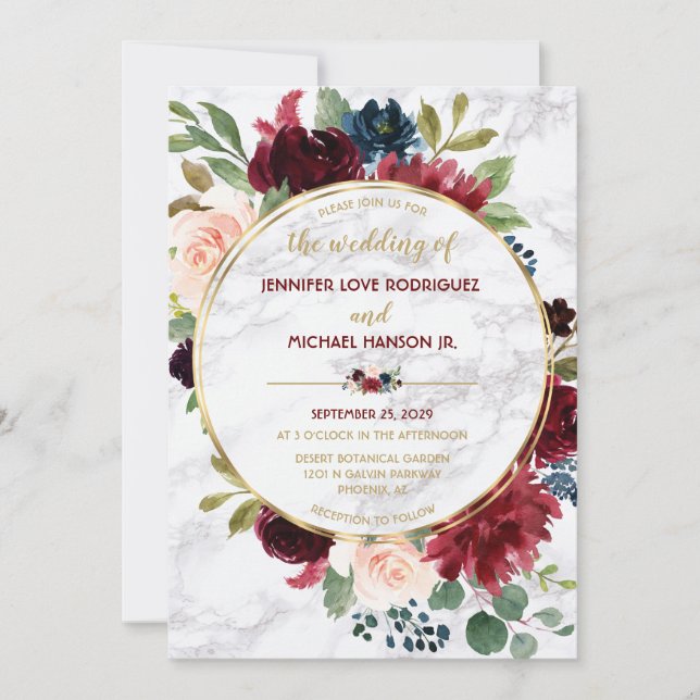 Elegant Marble Gold Marsala Navy Blue Floral Bloom Invitation (Front)