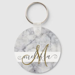 Elegant Marble Gold Monogram Script Name Key Ring