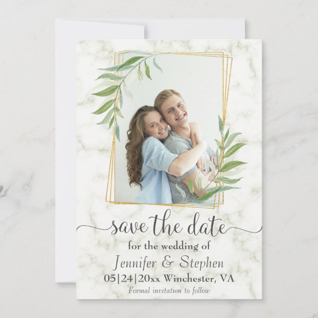 Elegant Marble Gold Photo Wedding Save the Date (Front)
