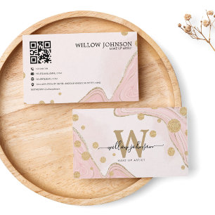 Elegant Marble Gold Pink Glitter QR Code Monogram Business Card