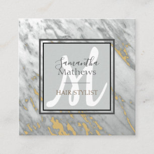Elegant Marble Grey Gold Monogram Hair Stylist Square Business Card