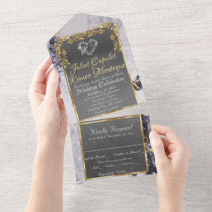 Elegant Marble, Grey with Gold Leaves Frame All In One Invitation