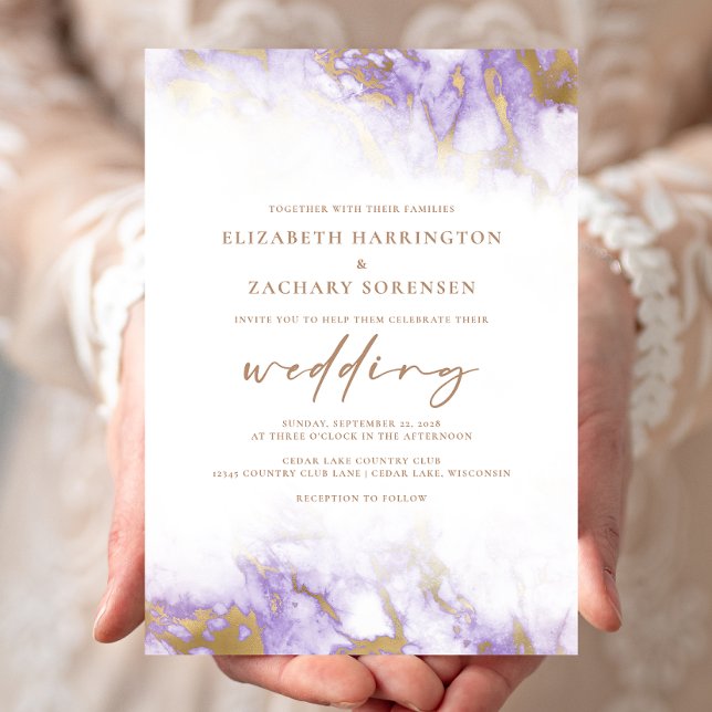 Elegant Marble Lavender Gold Wedding Invitation (Creator Uploaded)