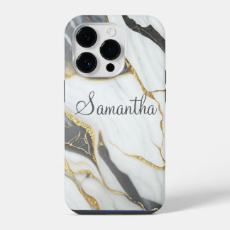 Elegant Marble Personalised Gold Grey & White iPhone 14 Pro Case