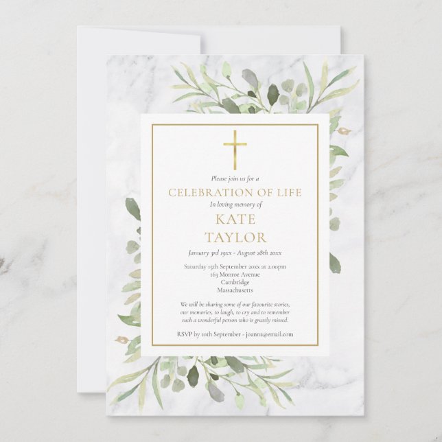 Elegant Marble Photo Celebration of Life Funeral Invitation (Front)