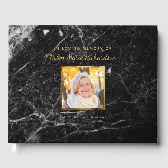 Elegant Marble Photo Gold Funeral Memorial Service Guest Book (Front)