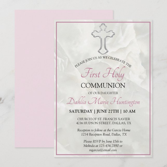 Elegant Marble Pink Girls First Holy Communion  In Invitation (Front/Back)