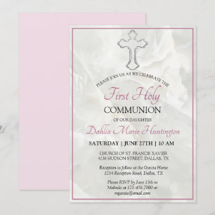 Elegant Marble Pink Girls First Holy Communion  In Invitation
