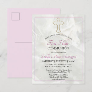 Elegant Marble Pink Girls First Holy Communion In Invitation Postcard