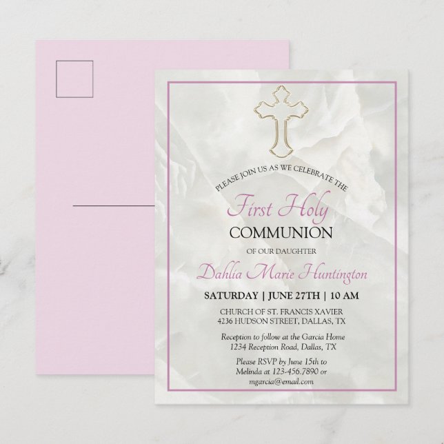 Elegant Marble Pink Girls First Holy Communion  In Invitation Postcard (Front/Back)
