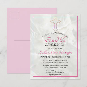 Elegant Marble Pink Girls First Holy Communion  Invitation Postcard