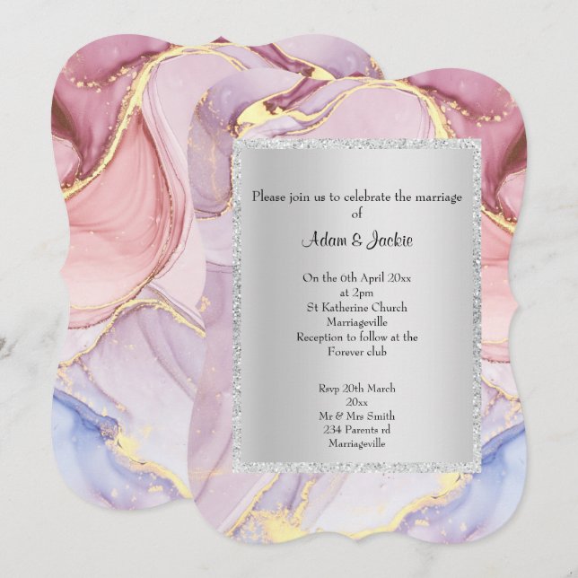 ELEGANT MARBLE PINK PURPLE ABSTRACT WEDDING  INVITATION (Front/Back)