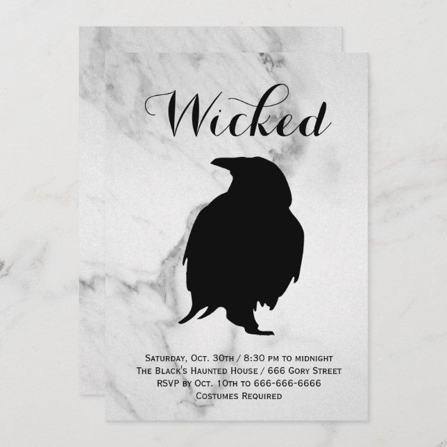 Elegant Marble Raven Halloween Costume Party Invitation (Front/Back)