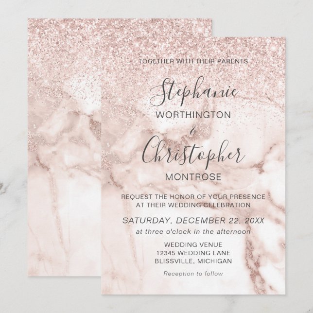 Elegant Marble Rose Gold Glitter Wedding Invitation (Front/Back)